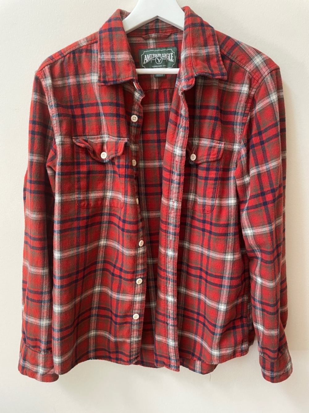 American Eagle Outfitters Red Plaid Cotton Button-Down Shirt